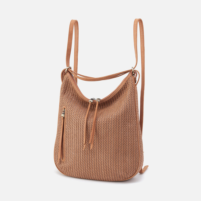 Merrin Convertible Backpack in Raffia With Leather Trim - Sepia