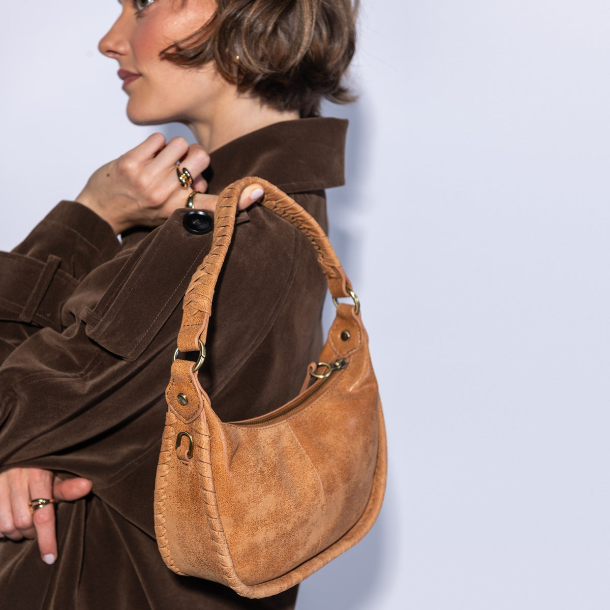 Mia Crescent Small Hobo In Buffed Leather - Whiskey