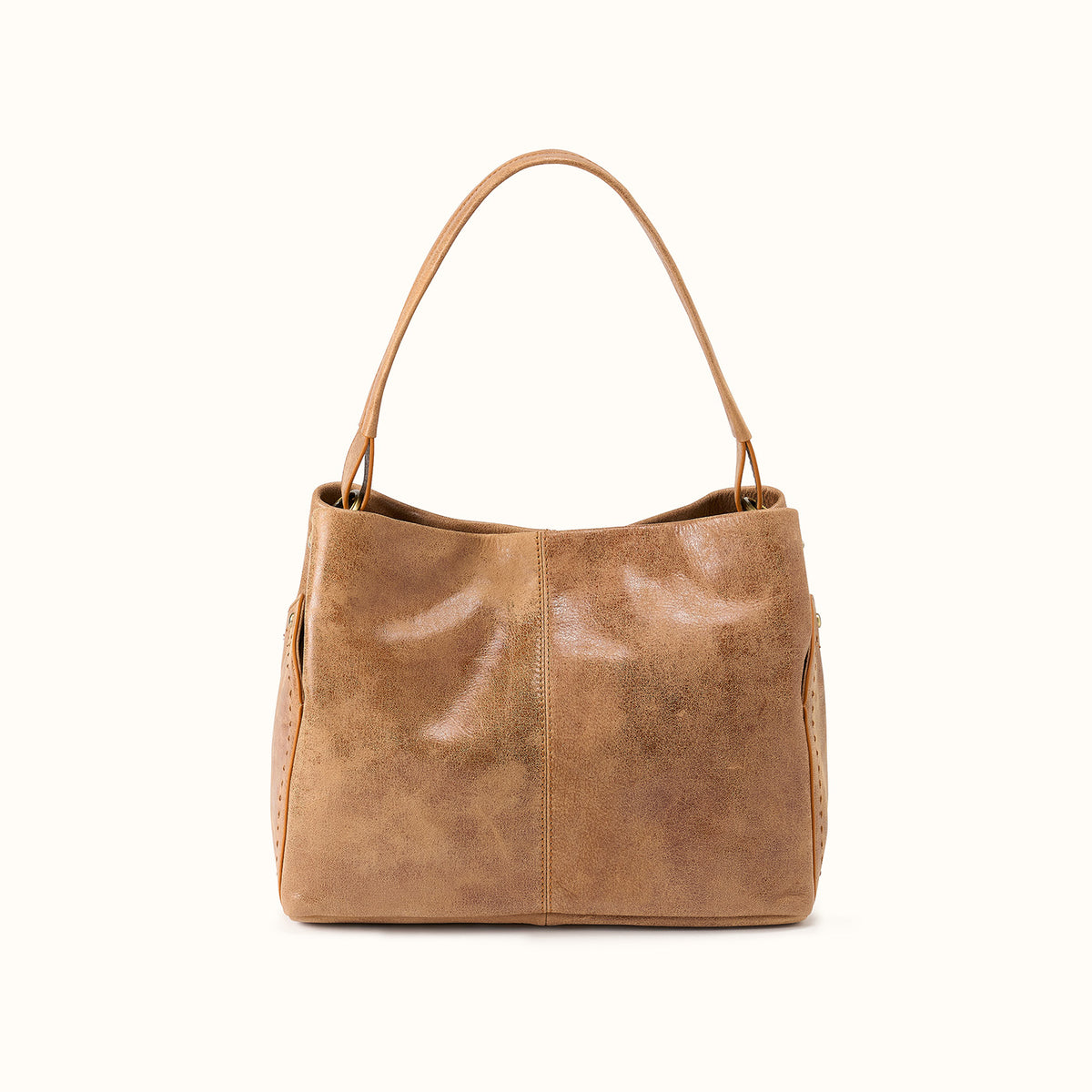 Brown leather handbag on a white background
