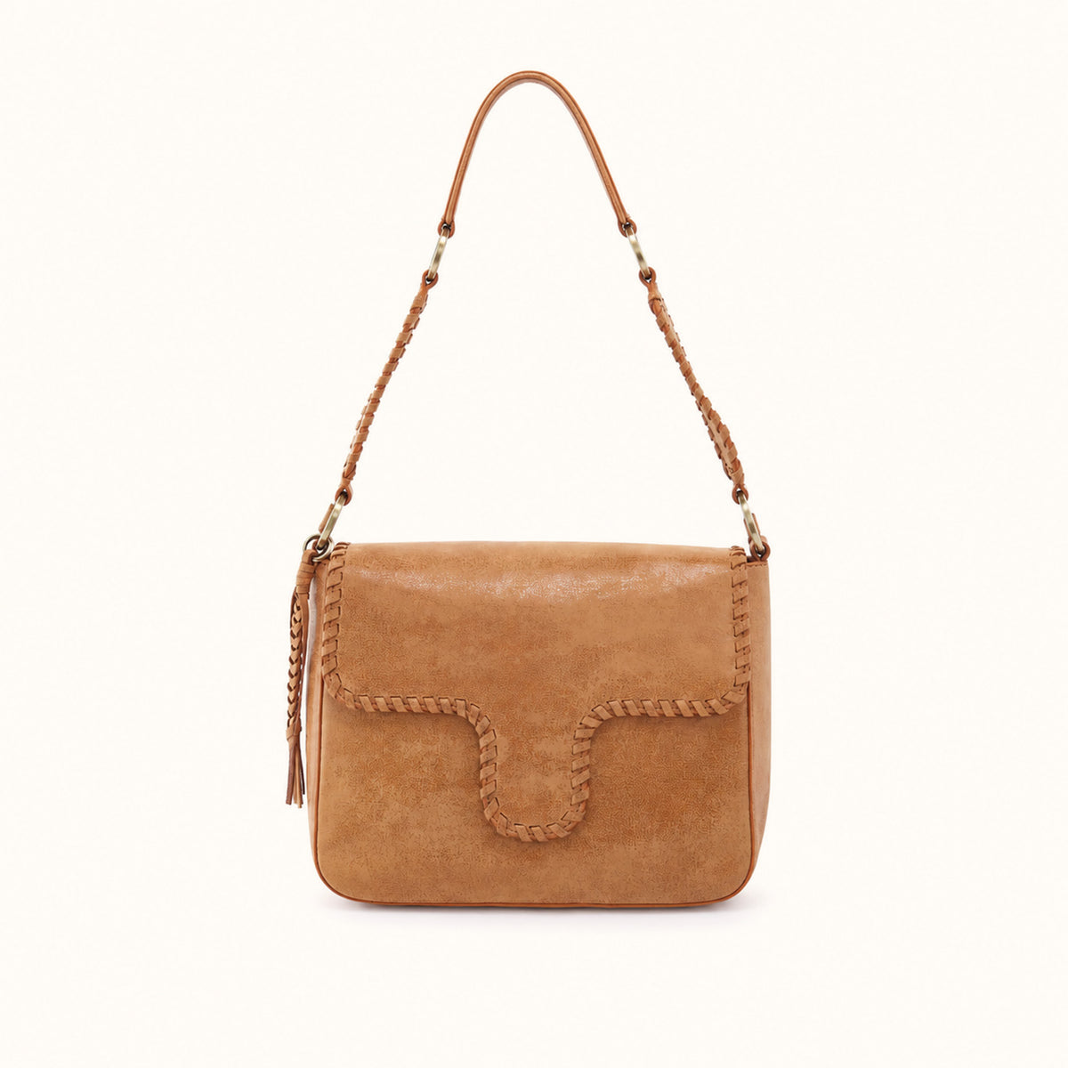 A tan suede shoulder bag with braided leather trim and a matching braided shoulder strap, shown against a plain off-white background.