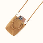 Brown phone case with a strap on a white background