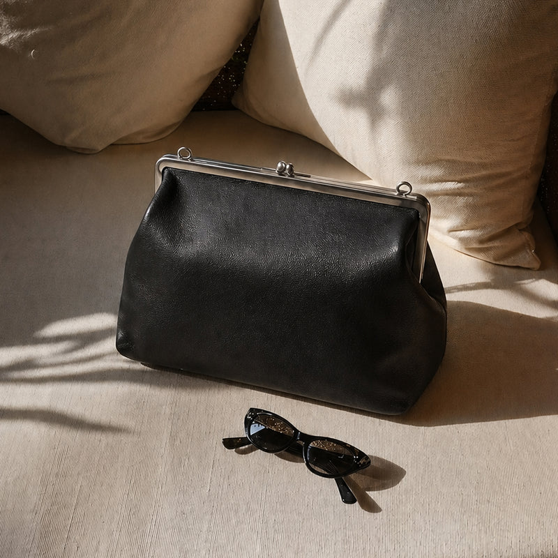 Alba Frame Large Shoulder Bag In Pebbled Leather - Black