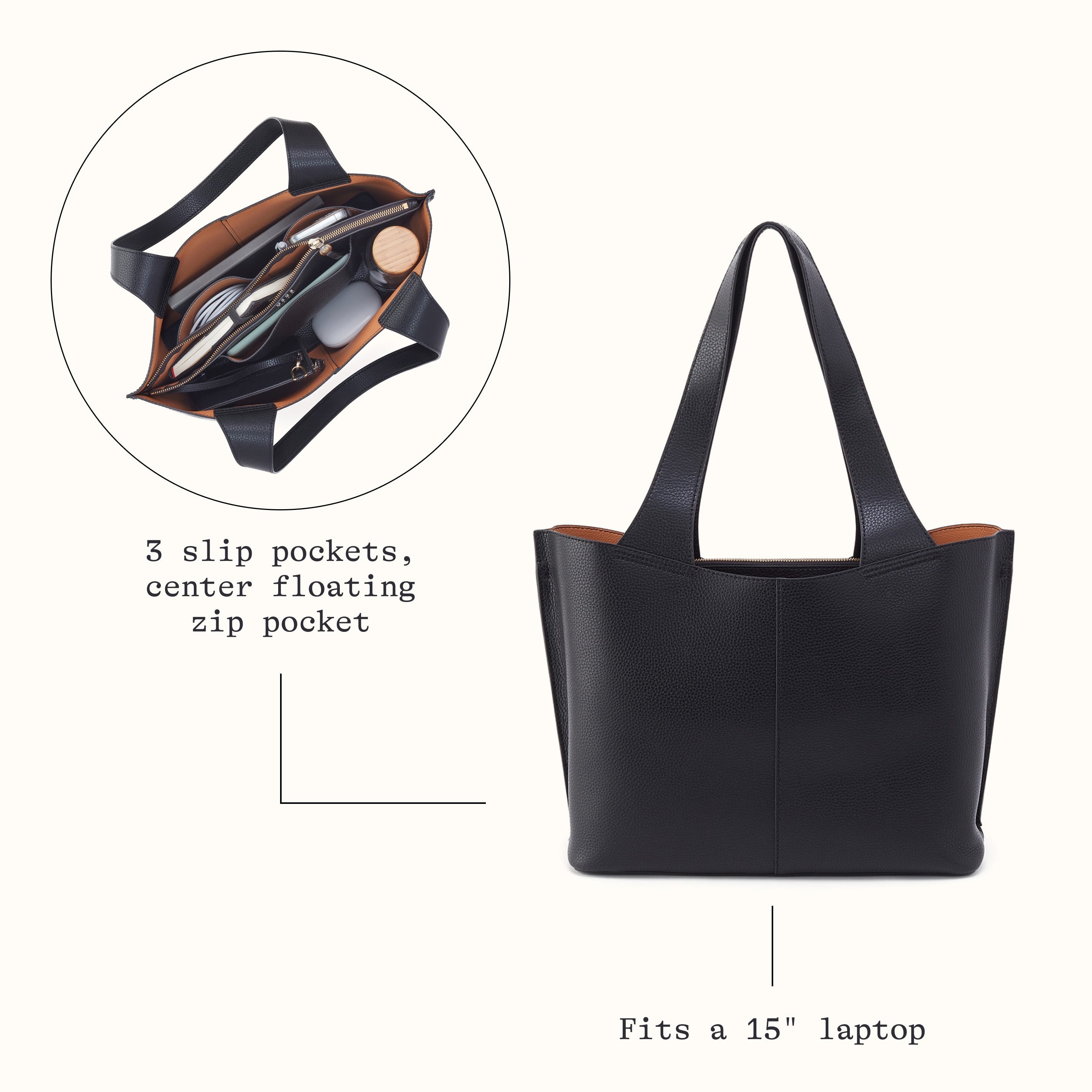 Vida Tote In Micro Pebbled Leather - Black and Biscuit – HOBO