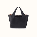 A black pebbled leather tote bag with dual top handles, shown from a front-facing perspective on a clean, off-white background.