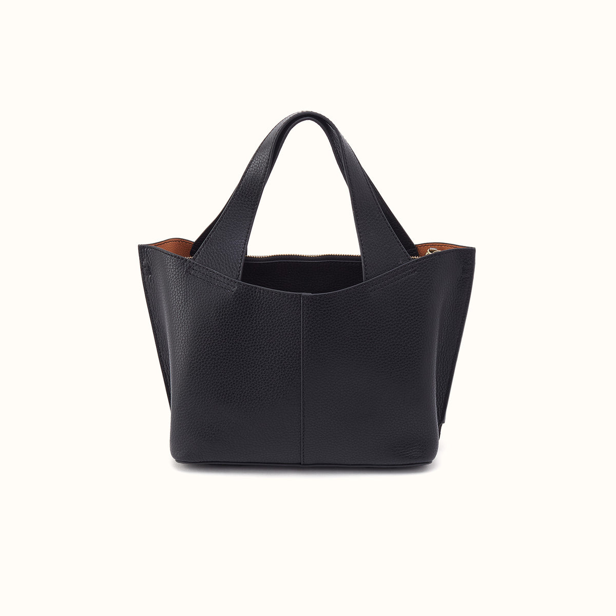 A black pebbled leather tote bag with dual top handles, shown from a front-facing perspective on a clean, off-white background.