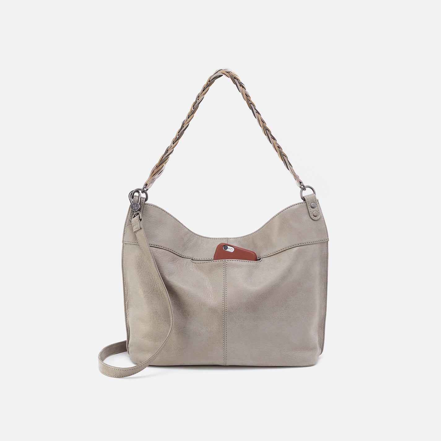 Pier Shoulder Bag in Metallic Leather Granite Grey HOBO