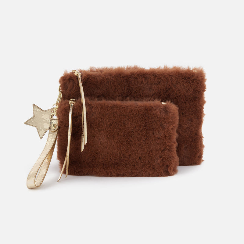 Wristlet Pouch Set in Faux Fur and Metallic Leather - Medium Brown