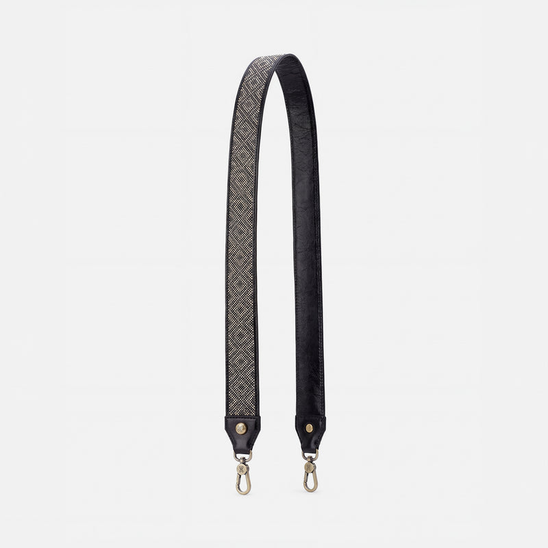 Beaded Guitar Strap In Polished Leather - Black