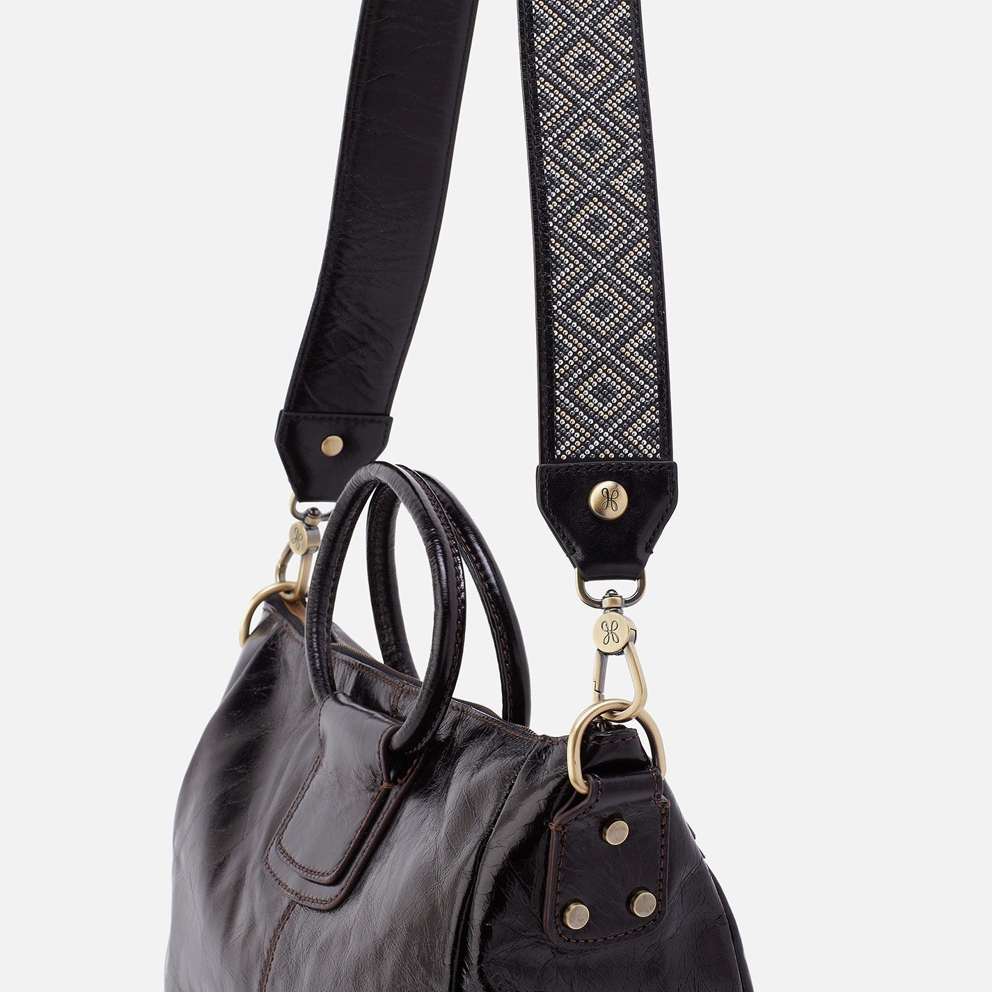 Beaded Guitar Strap In Polished Leather Black HOBO