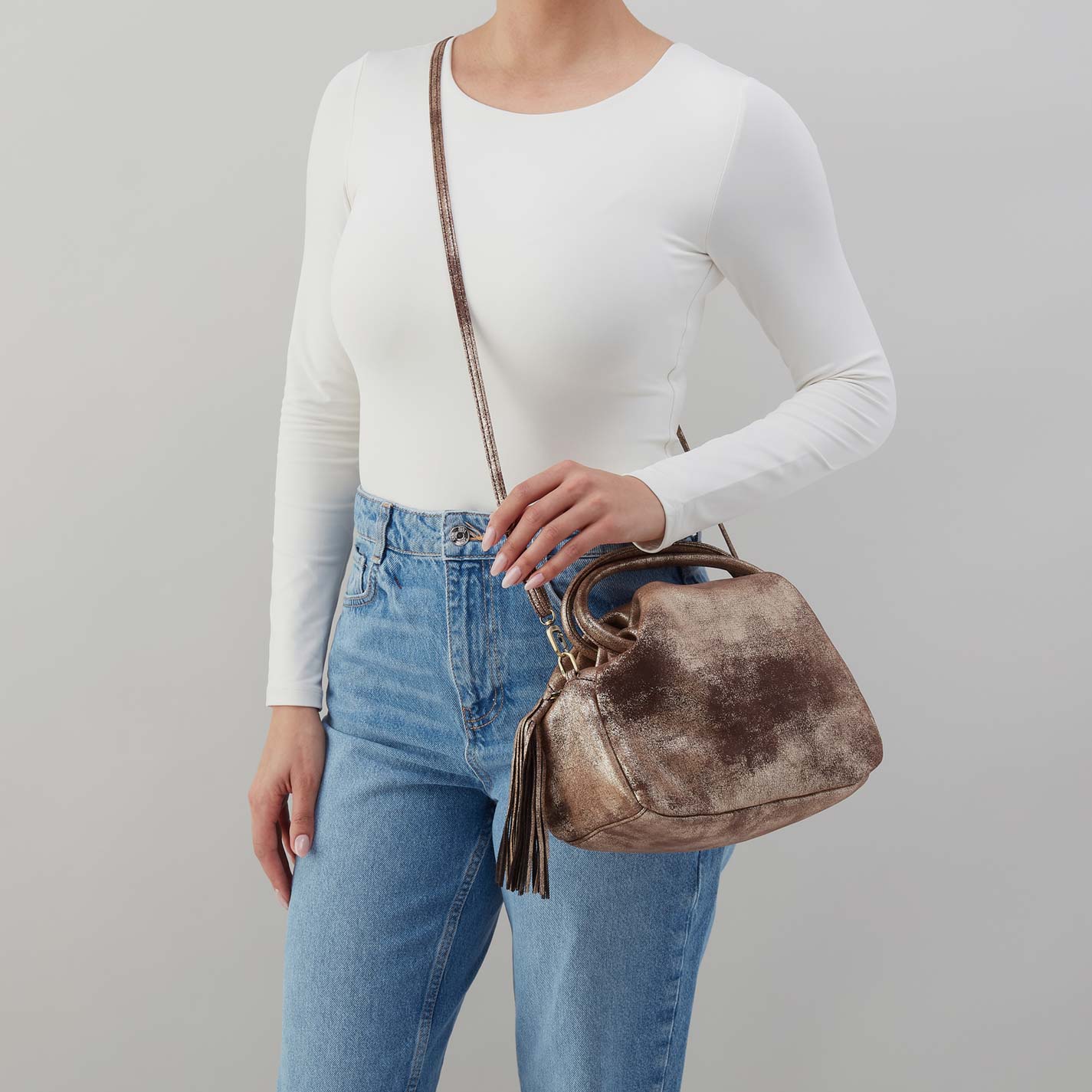 Darling Small Satchel in Metallic Leather - Cocoa Platinum – HOBO