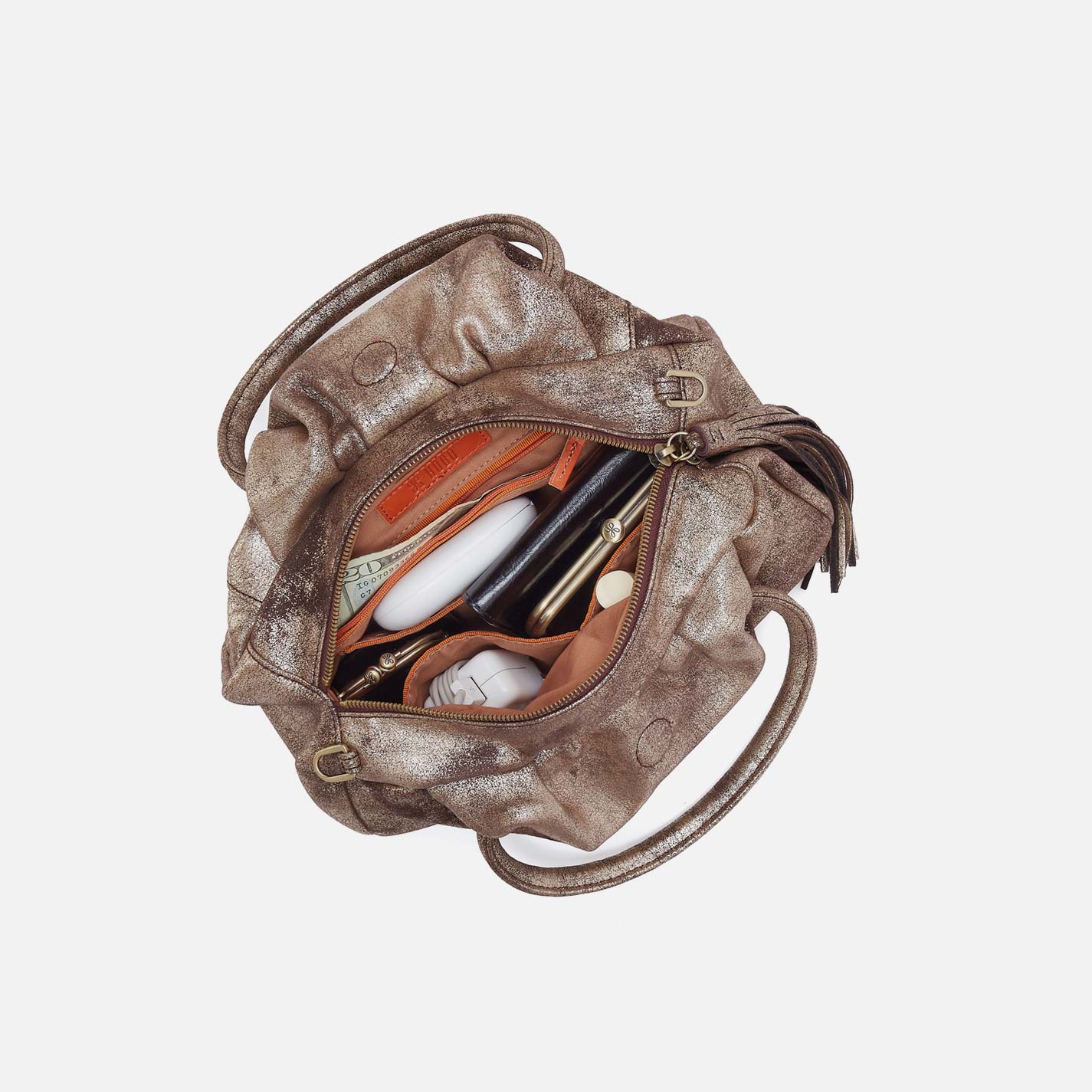 Darling Small Satchel in Metallic Leather - Cocoa Platinum – HOBO