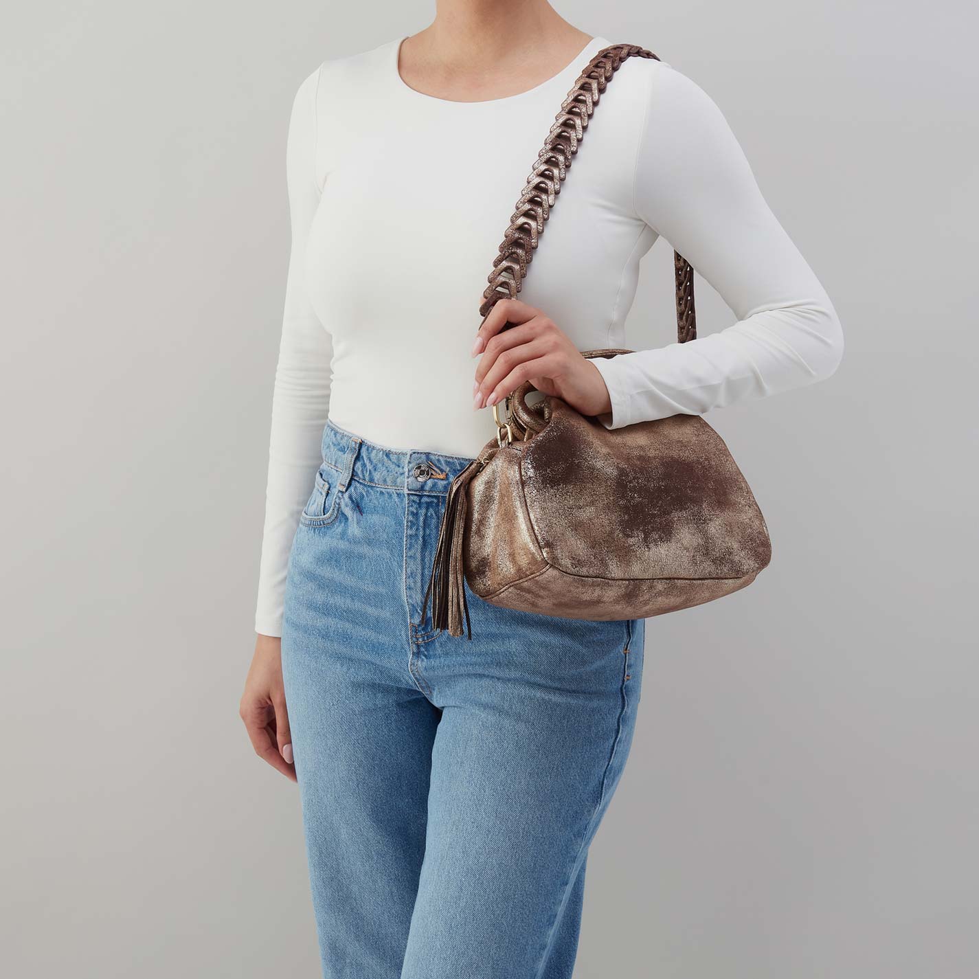 Darling Small Satchel in Metallic Leather - Cocoa Platinum – HOBO