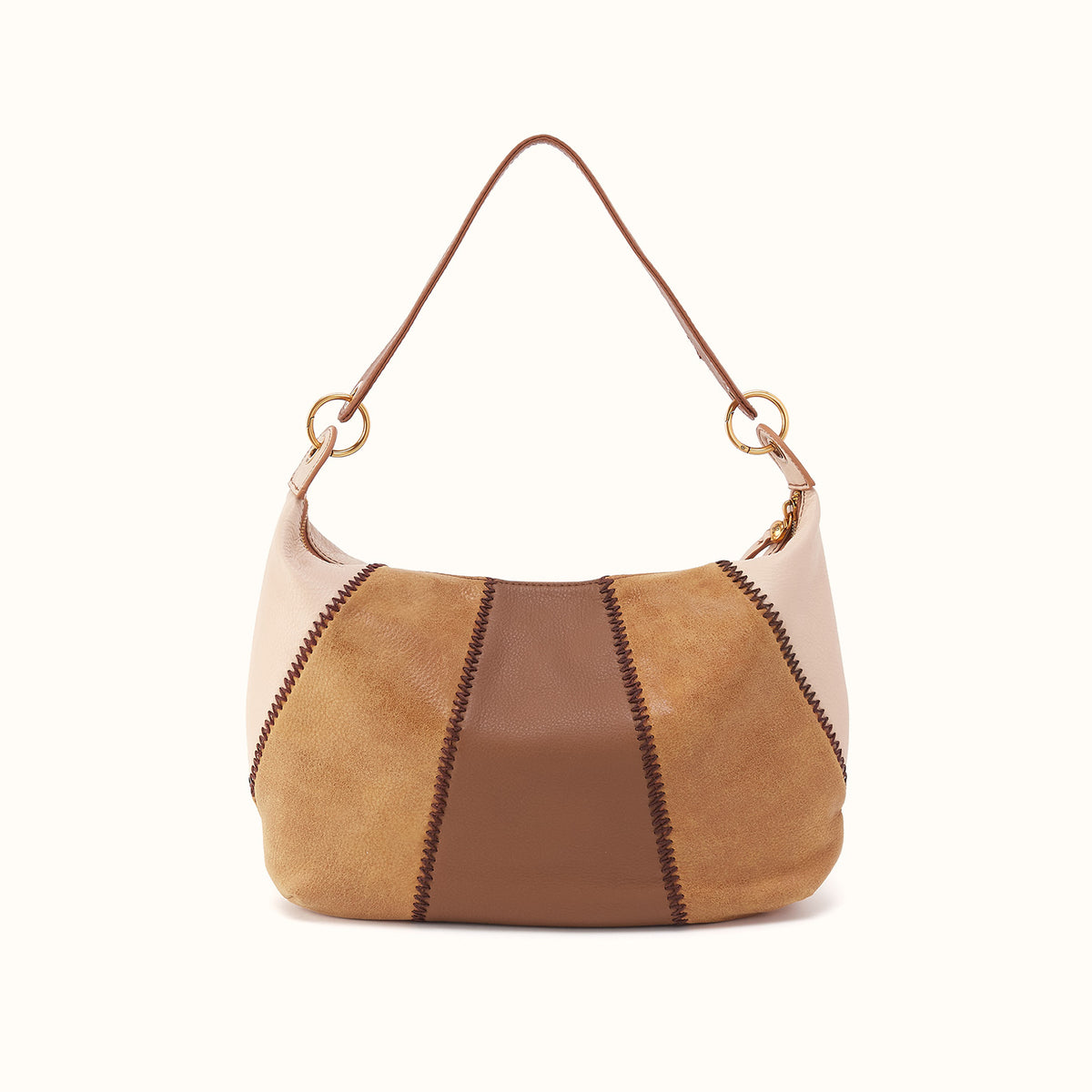 Two-tone handbag with beige and brown colors on a white background