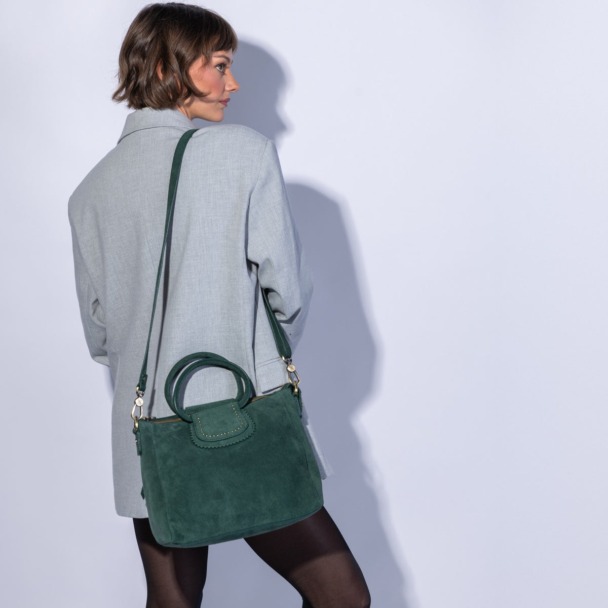 Sheila Medium Satchel In Suede Leather - Pine Needle