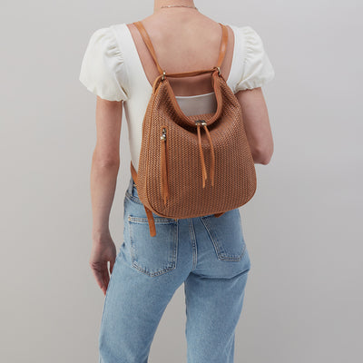 Merrin Convertible Backpack in Raffia With Leather Trim - Sepia