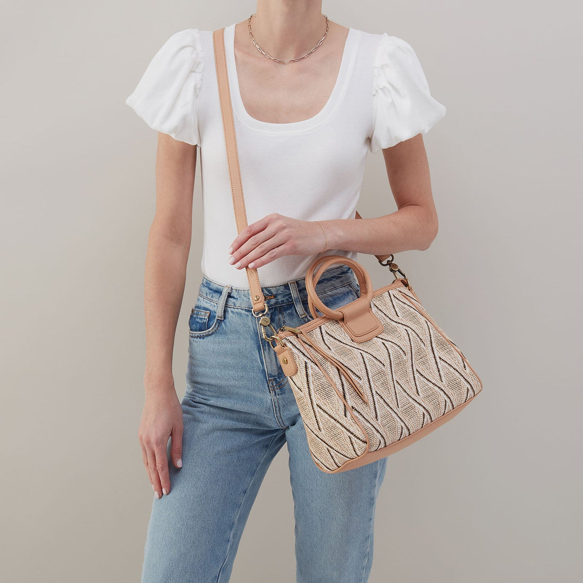 Sheila Medium Satchel In Multi Weave With Leather Trim - Cream Raffia