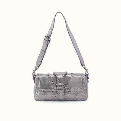 Charlie Baguette Bag  In Metallic Leather - Pewter