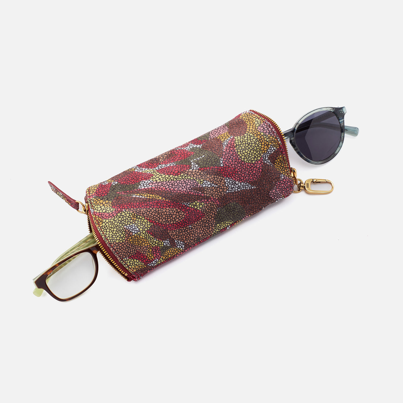 Spark Double Eyeglass Case in Printed Leather - Abstract Foliage