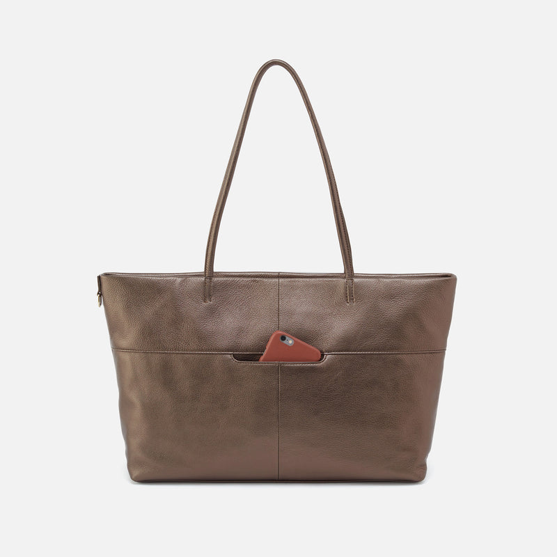 Tripp East-West Tote in Pebbled Metallic Leather - Pewter