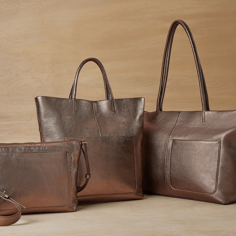Tripp Tote in Pebbled Metallic Leather - Pewter
