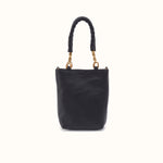 A navy blue leather bucket bag with a braided top handle and gold-tone hardware, shown against a plain off-white background.