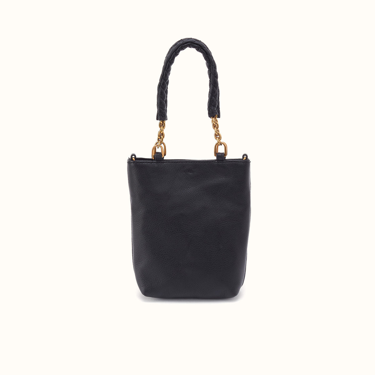 A navy blue leather bucket bag with a braided top handle and gold-tone hardware, shown against a plain off-white background.