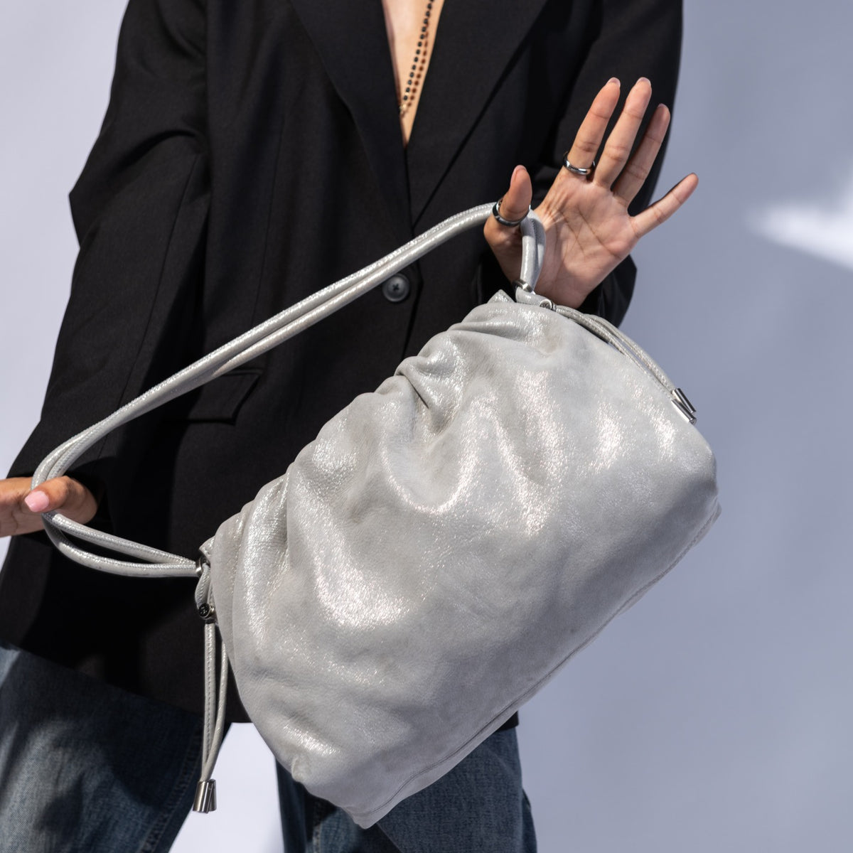Isabelle Shoulder In Metallic Leather - Smoke Shimmer