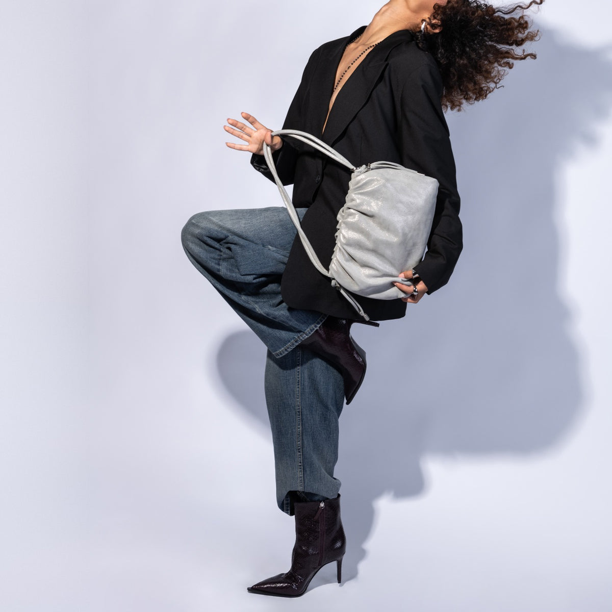 Isabelle Shoulder In Metallic Leather - Smoke Shimmer