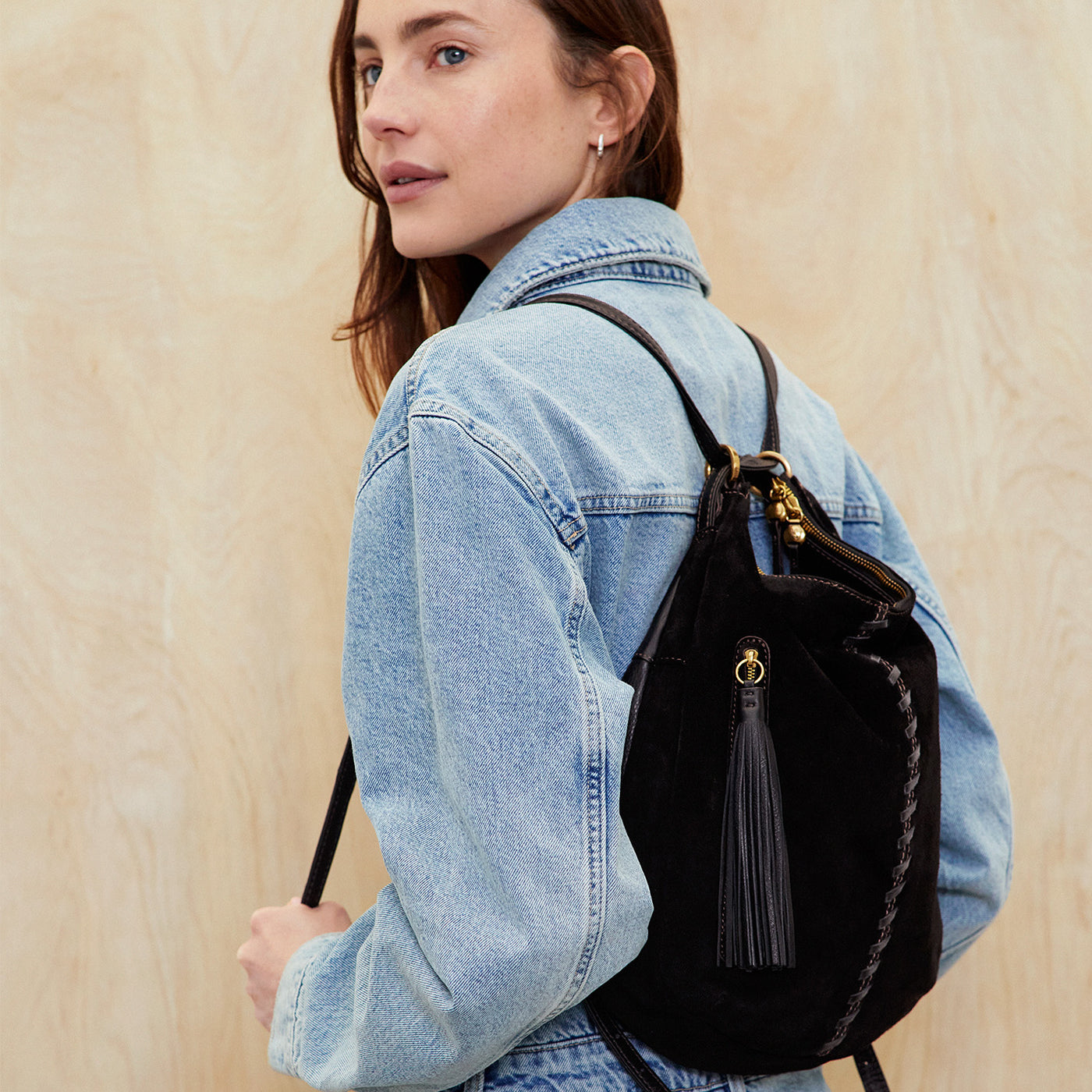 Merrin Convertible Backpack in Suede With Whipstitch - Black