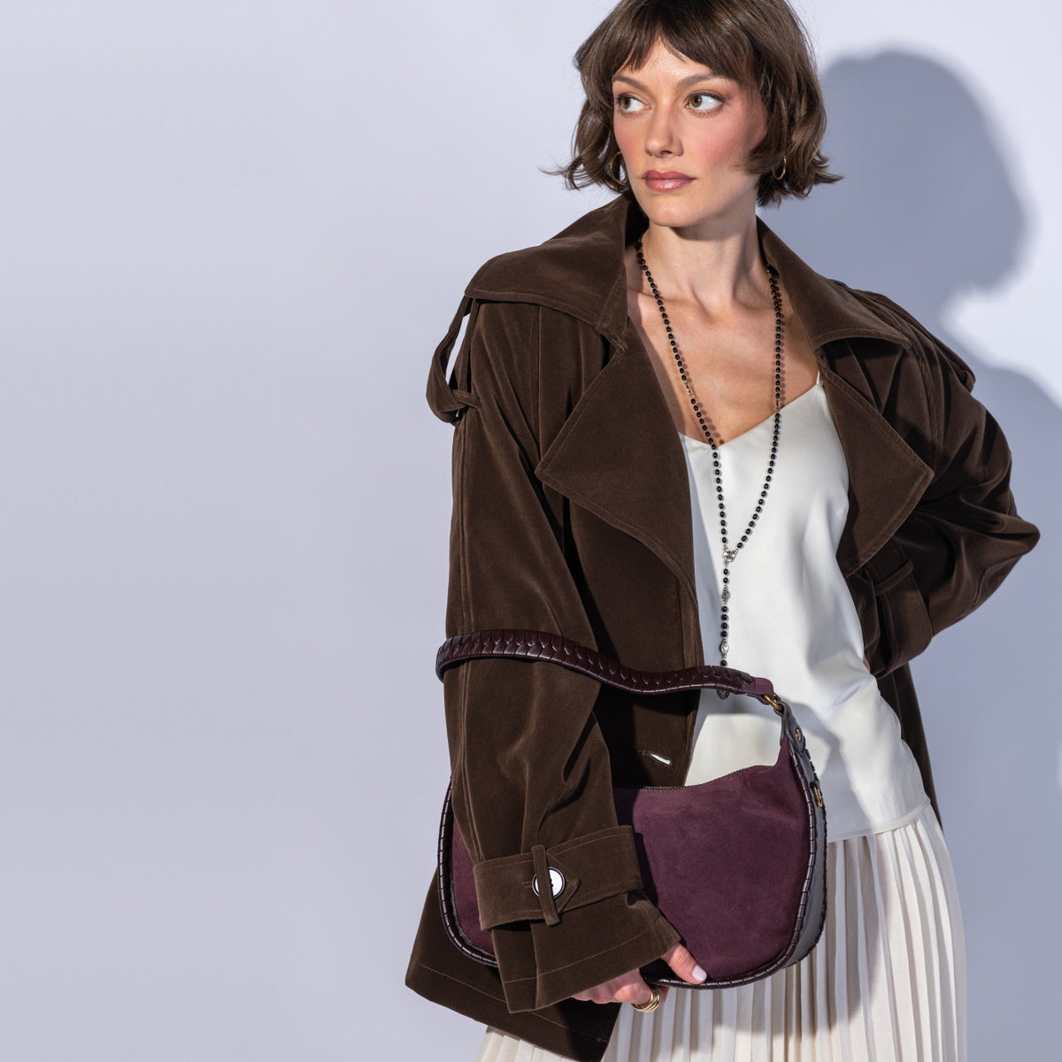 Mia Crescent Hobo In Suede Leather - Dark Cherry