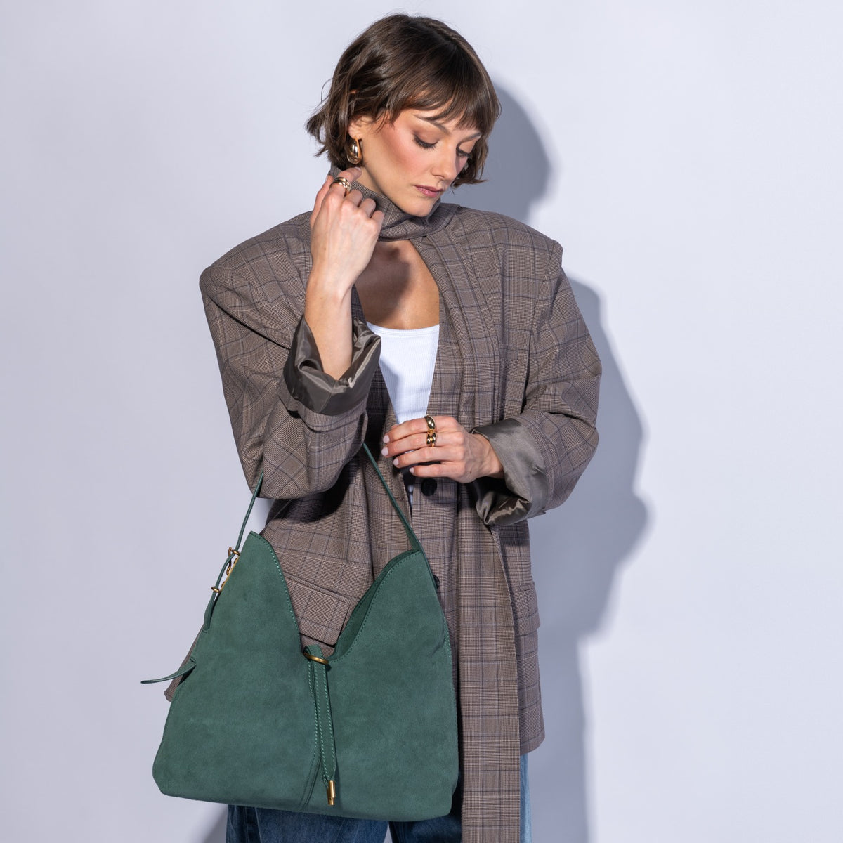 Atlas Hobo Bag In Suede Leather - Pine Needle