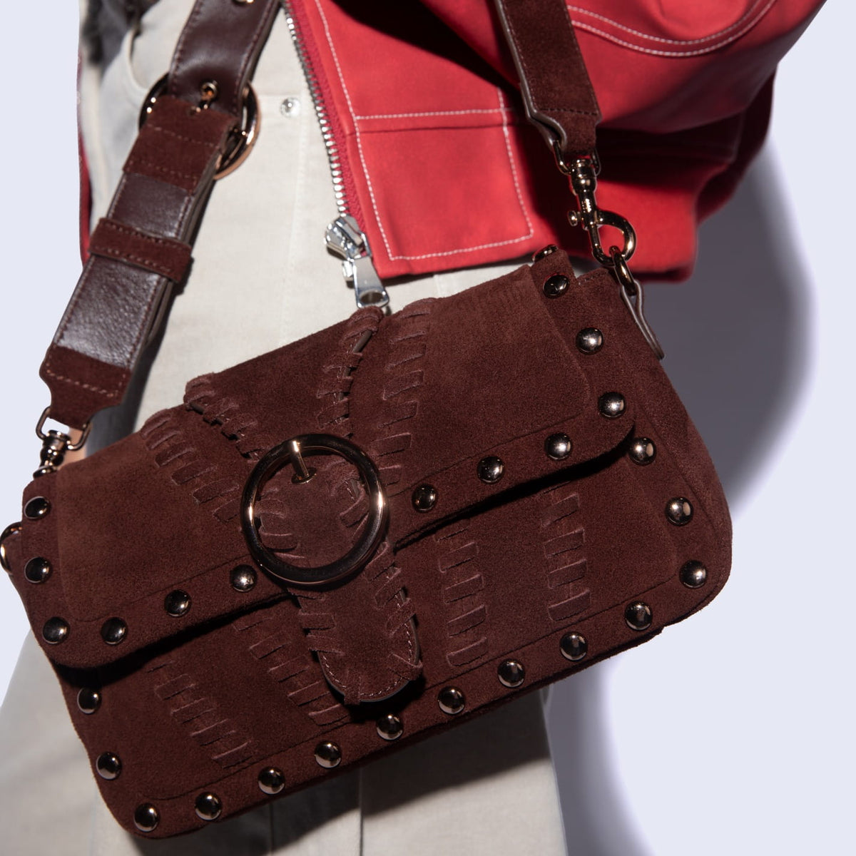Charlie Baguette Bag In Suede Leather - Chocolate