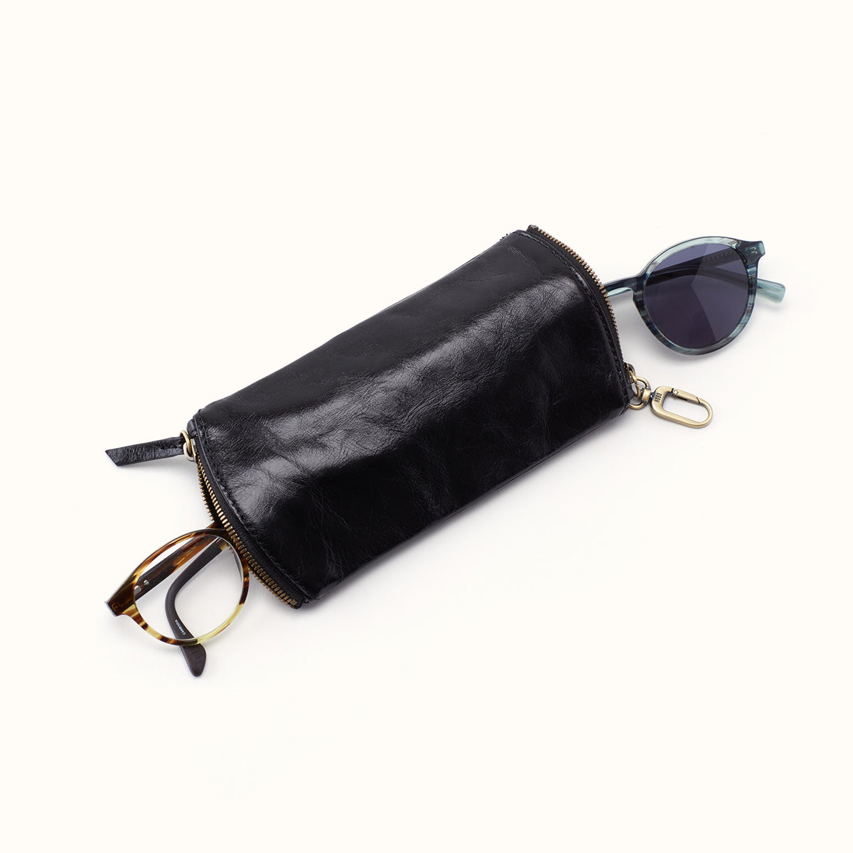 Spark Double Eyeglass Case In Polished Leather - Black