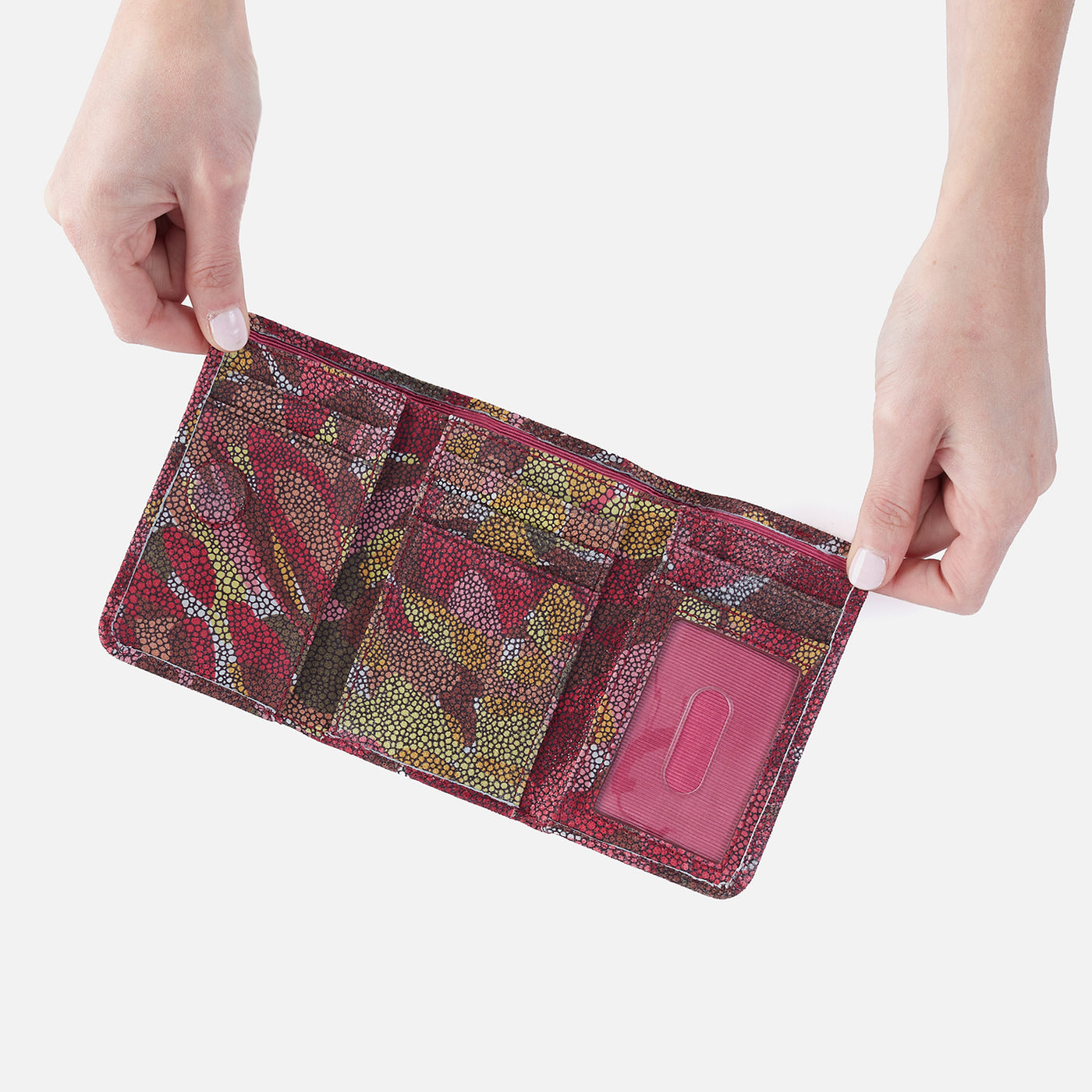 Jill Trifold Wallet in Printed Leather - Abstract Foliage