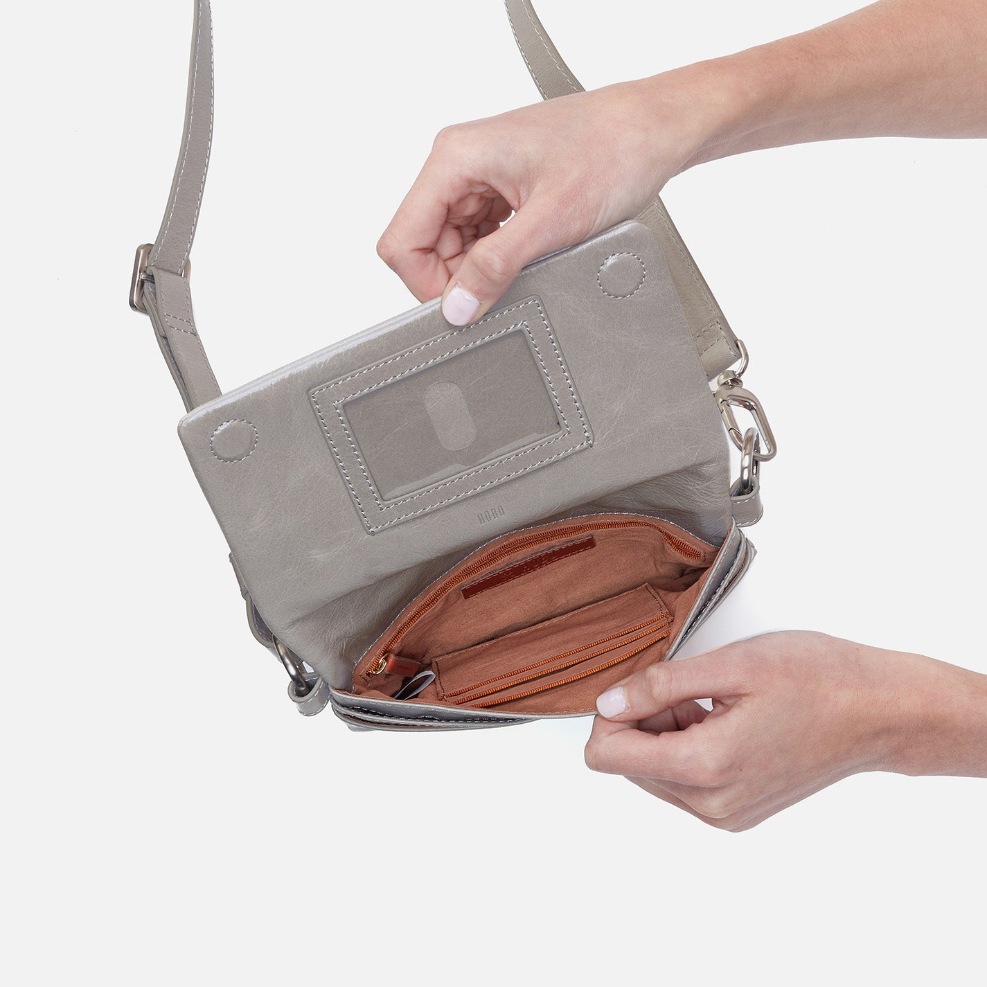 Winn Belt Bag in Polished Leather Light Grey HOBO