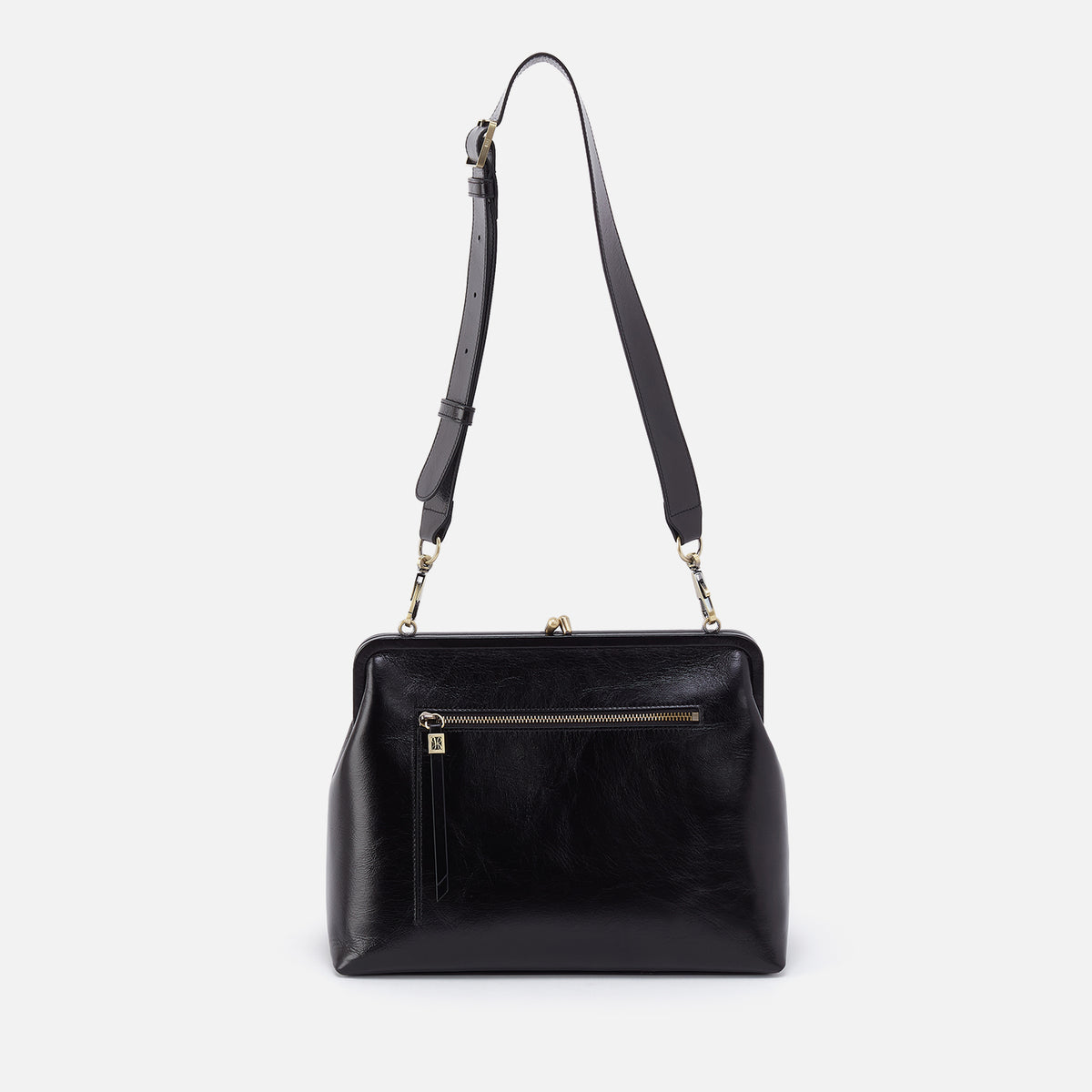Alba Frame Large Shoulder Bag in Polished Leather - Black