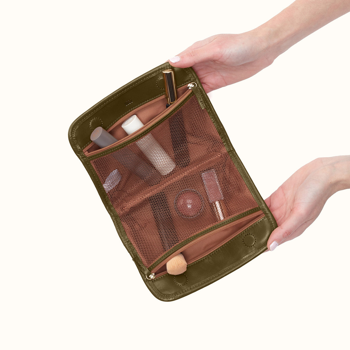 Beauty Cosmetic Pouch In Polished Leather - Olive Veil