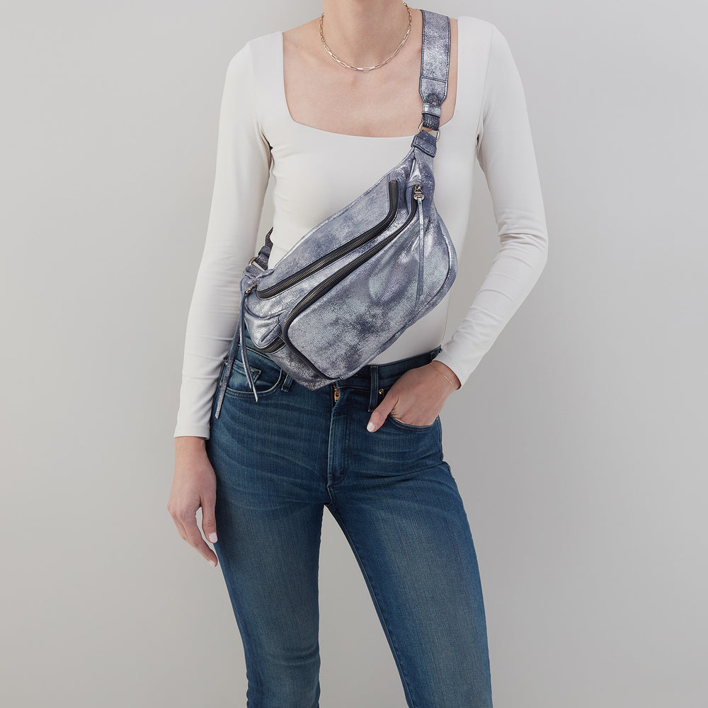 Via Belt Bag Sling In Metallic Leather Blue Pewter HOBO
