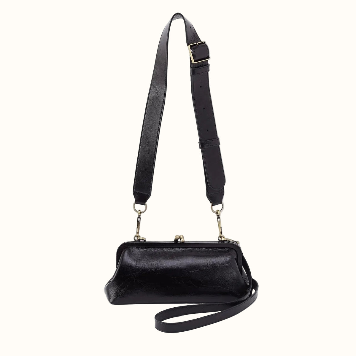 Alba Frame Small Shoulder Bag in Polished Leather - Black