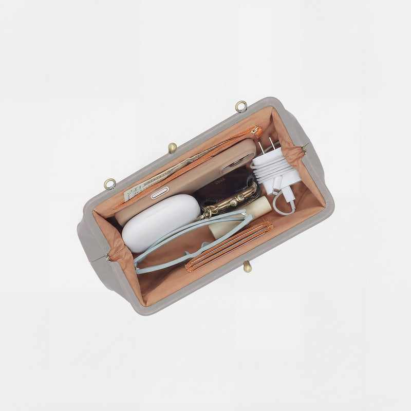 Alba Frame Small Shoulder Bag in Polished Leather - Light Grey