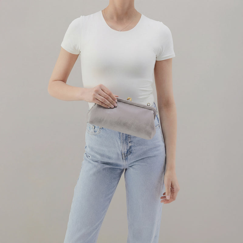 Alba Frame Small Shoulder Bag in Polished Leather - Light Grey