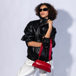 Alba Frame Small Shoulder In Polished Leather - True Red