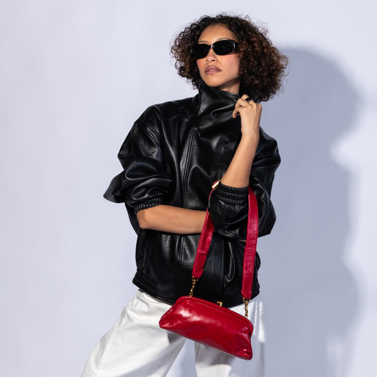 Alba Frame Small Shoulder In Polished Leather - True Red