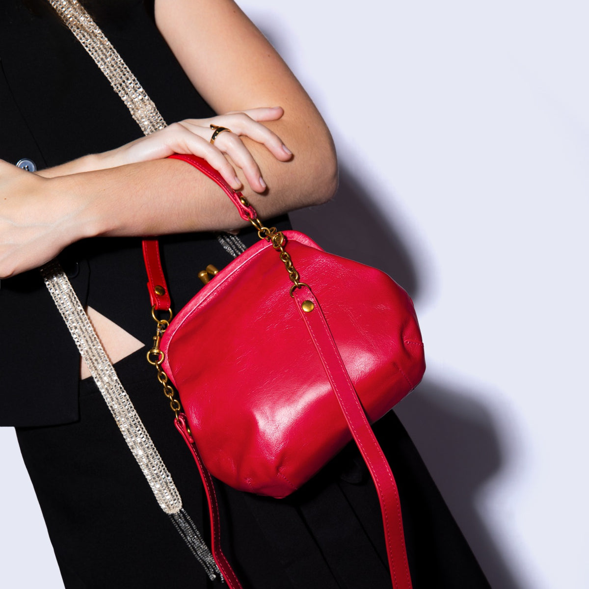 Alba Frame Crossbody In Polished Leather - True Red