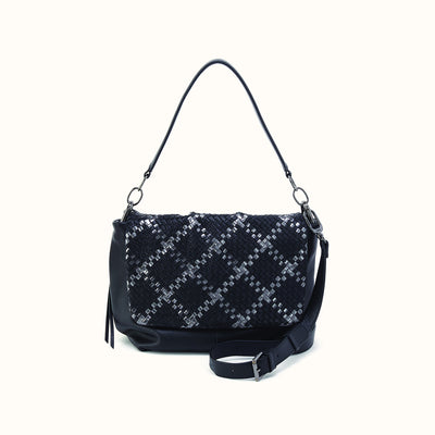 Harley Convertible Shoulder Bag In Woven Leather - Black Metallic Woven