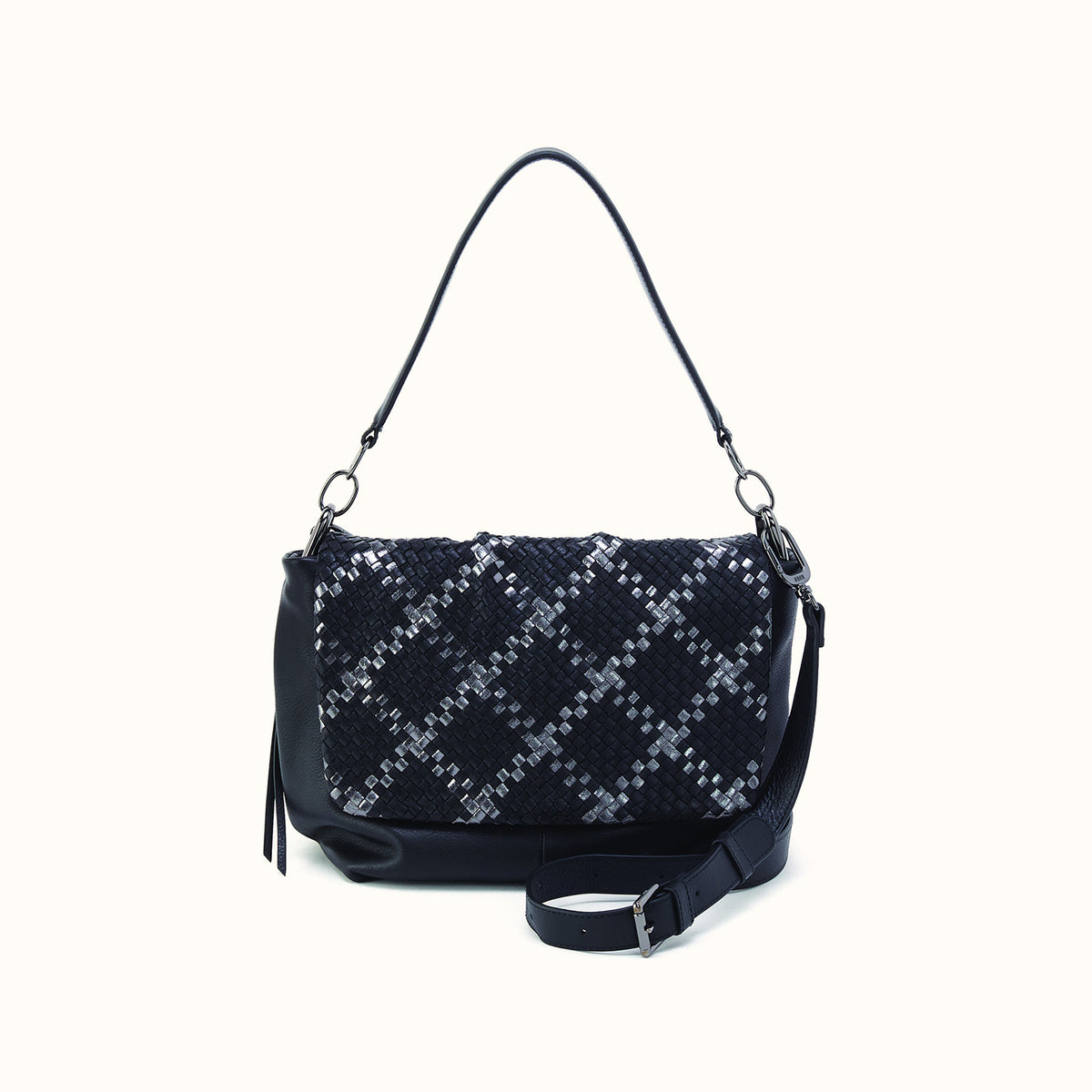 Harley Convertible Shoulder In Woven Leather - Black Metallic Woven- FOL