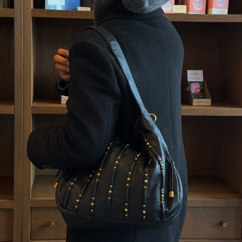 Kori Hobo in Pebbled Leather - Black With Studs