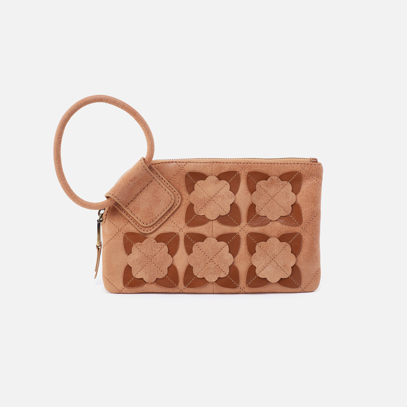 Sable Floral Appliqué Wristlet in Buffed Leather - Tan