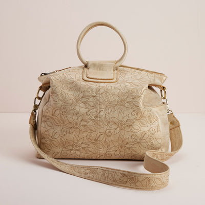 Sheila Embroidered Large Satchel in Metallic Leather - Gold Leaf