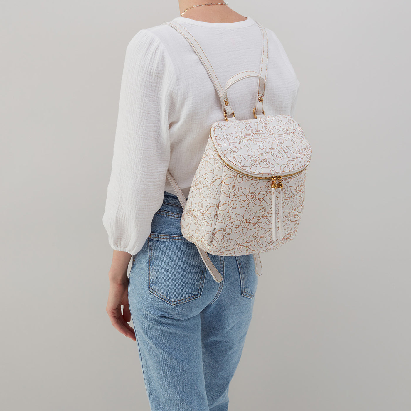 River Embroidered Backpack in Pebbled Leather - White